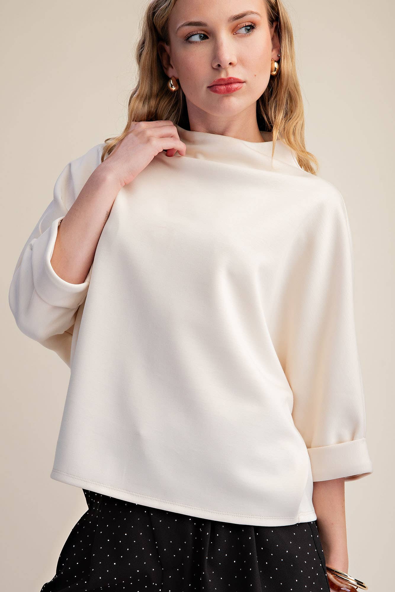 Mock-Neck 3/4 Sleeve Top: Ivory