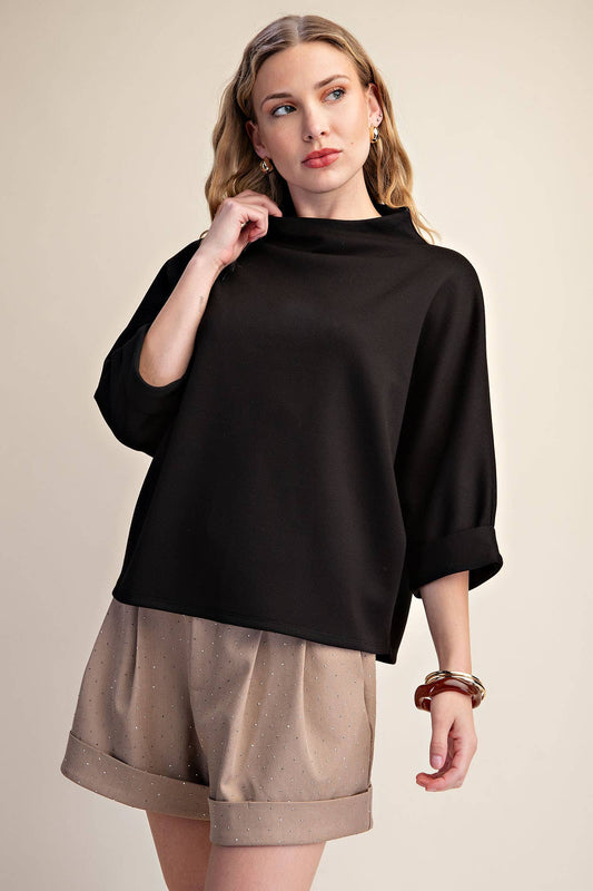 Mock-Neck 3/4 Sleeve Top: Black