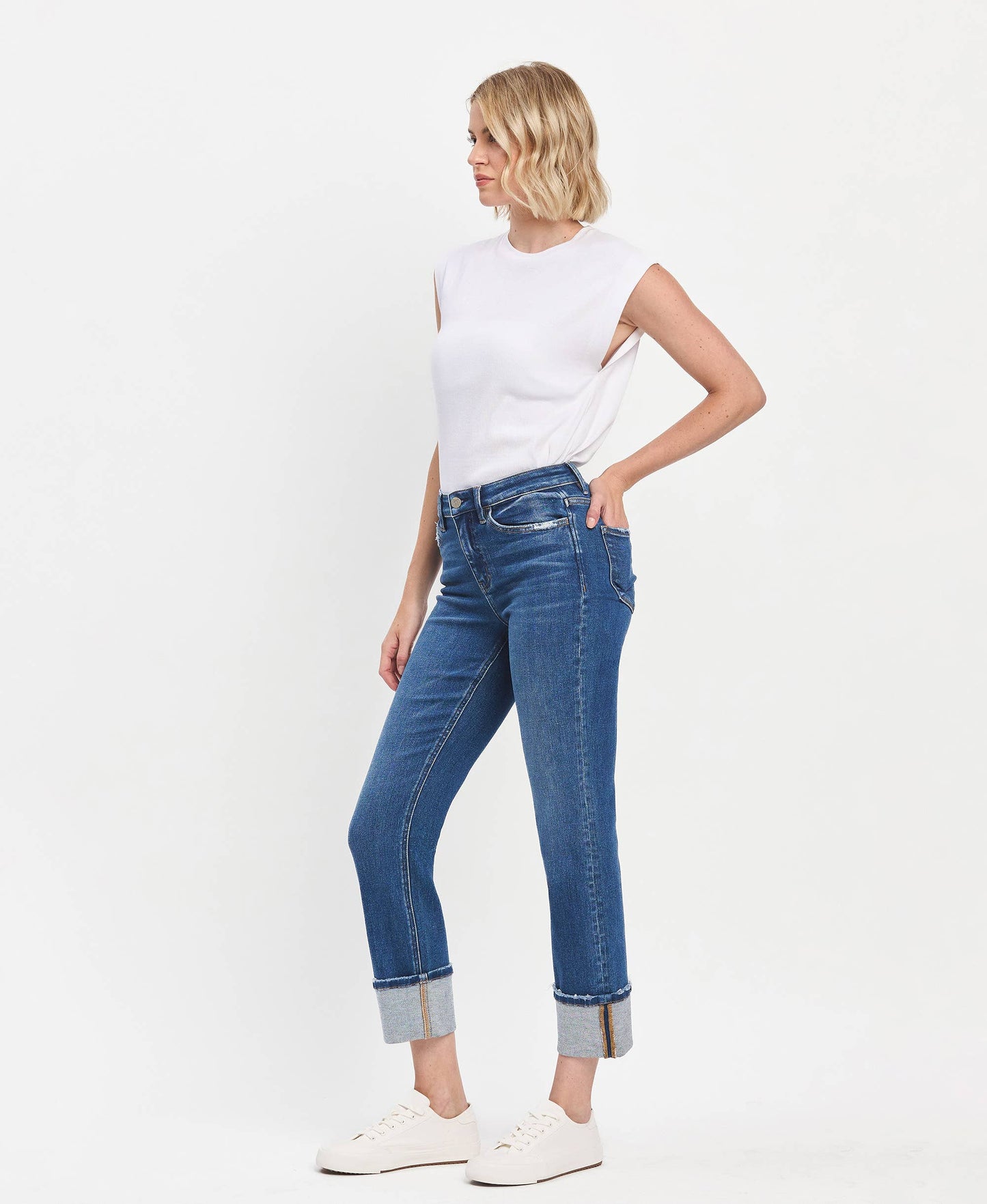 HIGH RISE CUFFED SLIM STRAIGHT JEANS