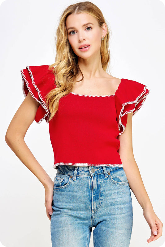 Embroidered Knit Top: Red