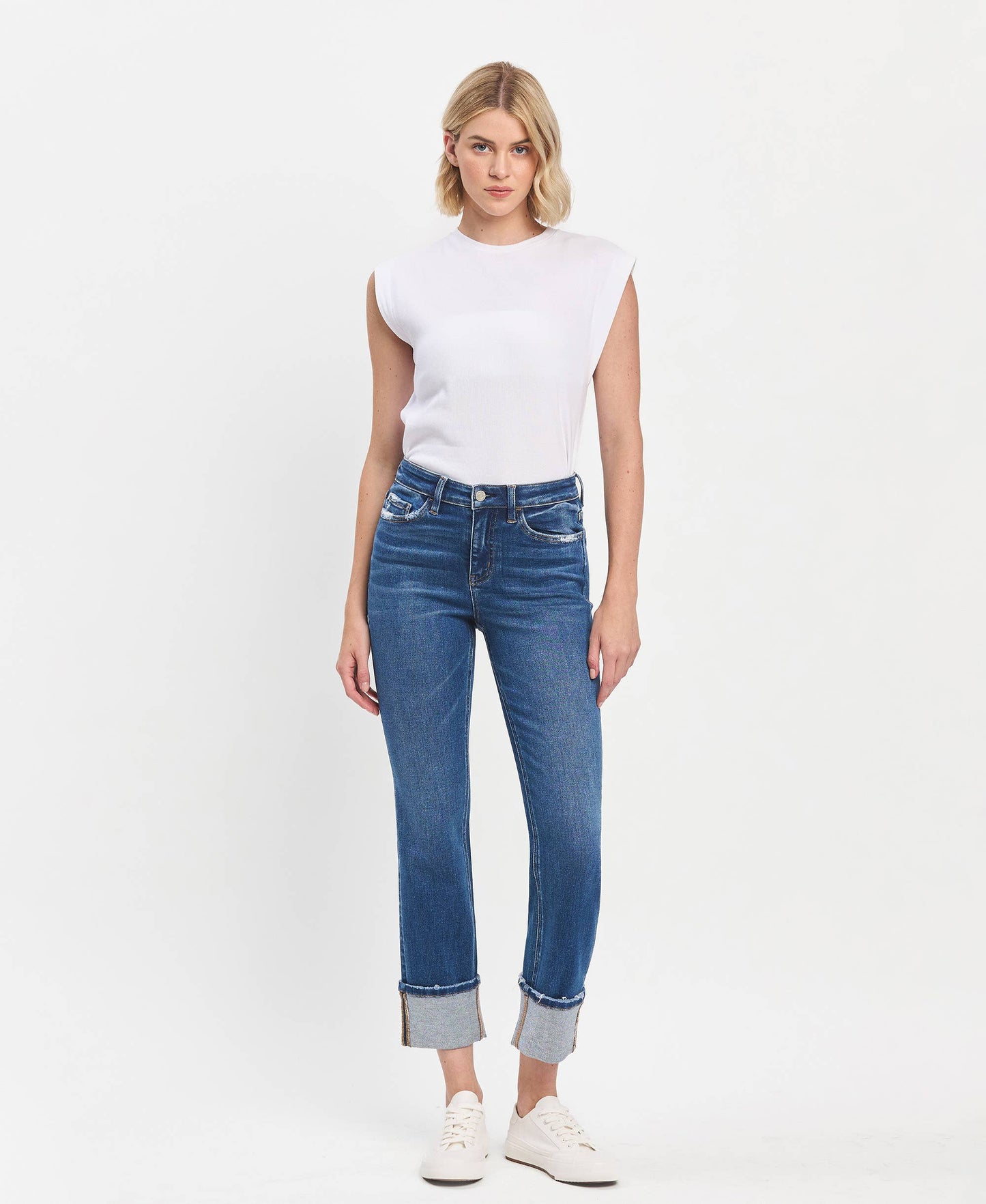 HIGH RISE CUFFED SLIM STRAIGHT JEANS