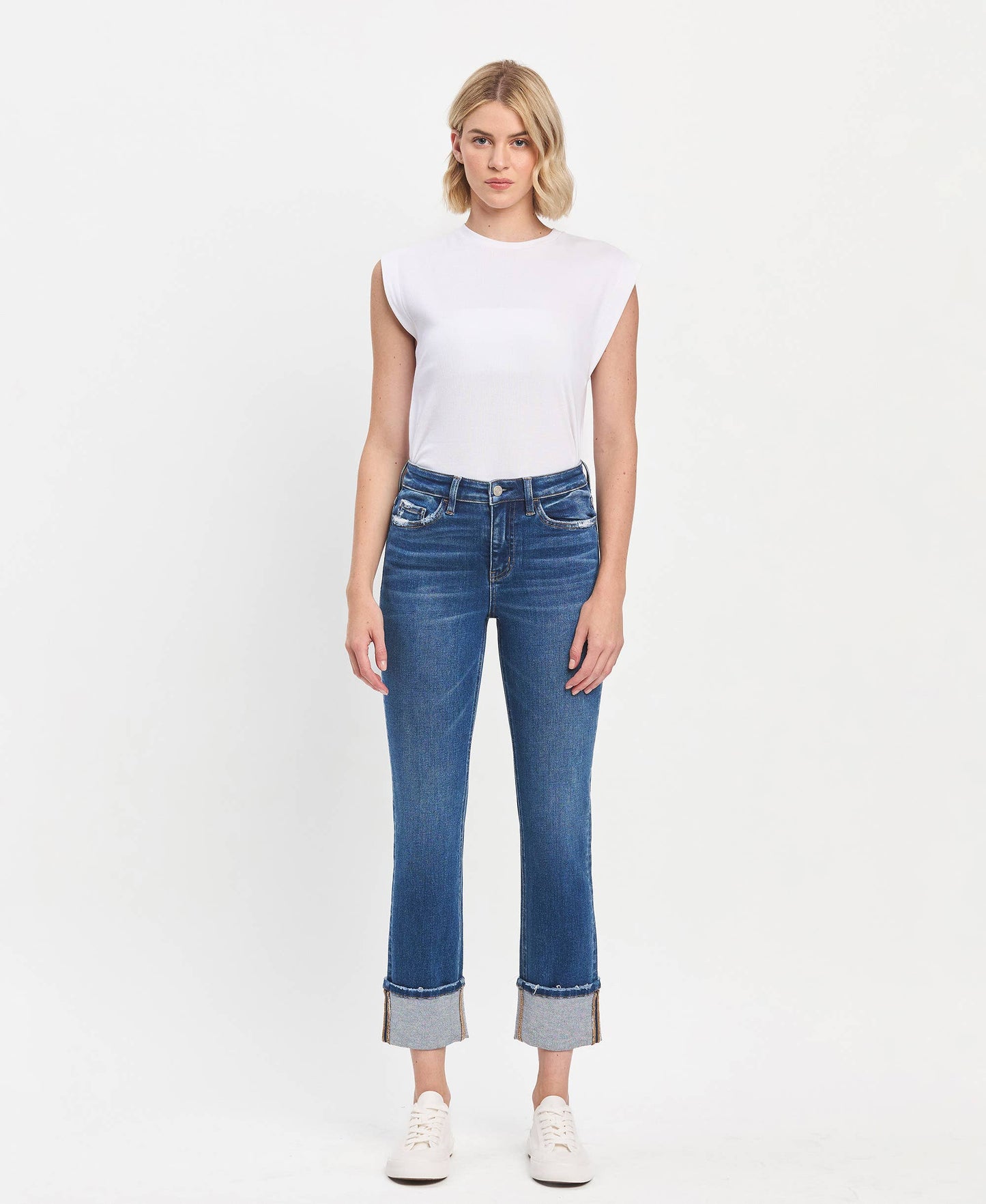 HIGH RISE CUFFED SLIM STRAIGHT JEANS
