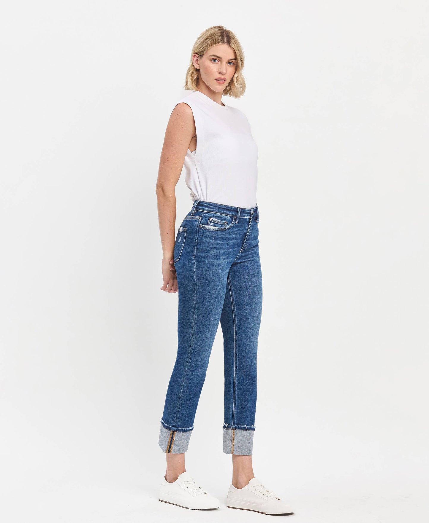 HIGH RISE CUFFED SLIM STRAIGHT JEANS