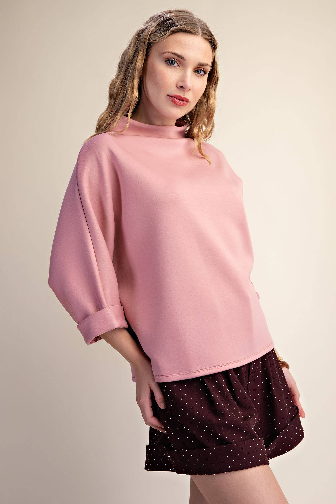 Mock-Neck 3/4 Sleeve Top: Rose Pink