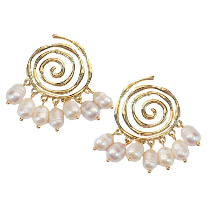 Golden Swirl Genuine Pearl Drop Statement Earrings