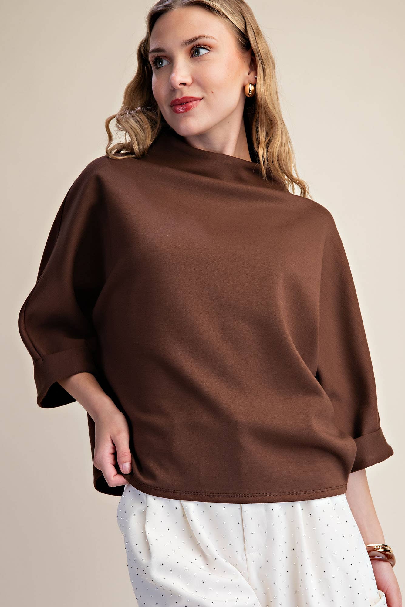 Mock-Neck 3/4 Sleeve Top: Brown