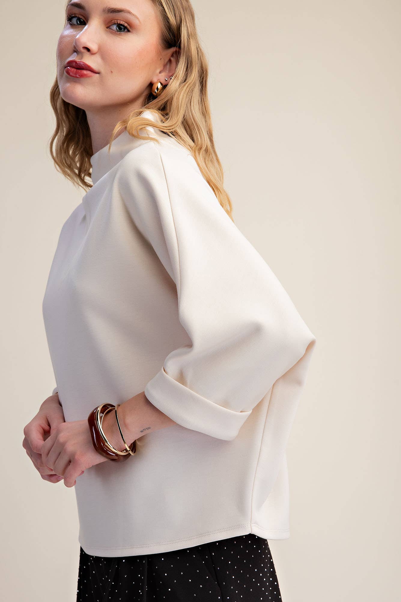Mock-Neck 3/4 Sleeve Top: Ivory