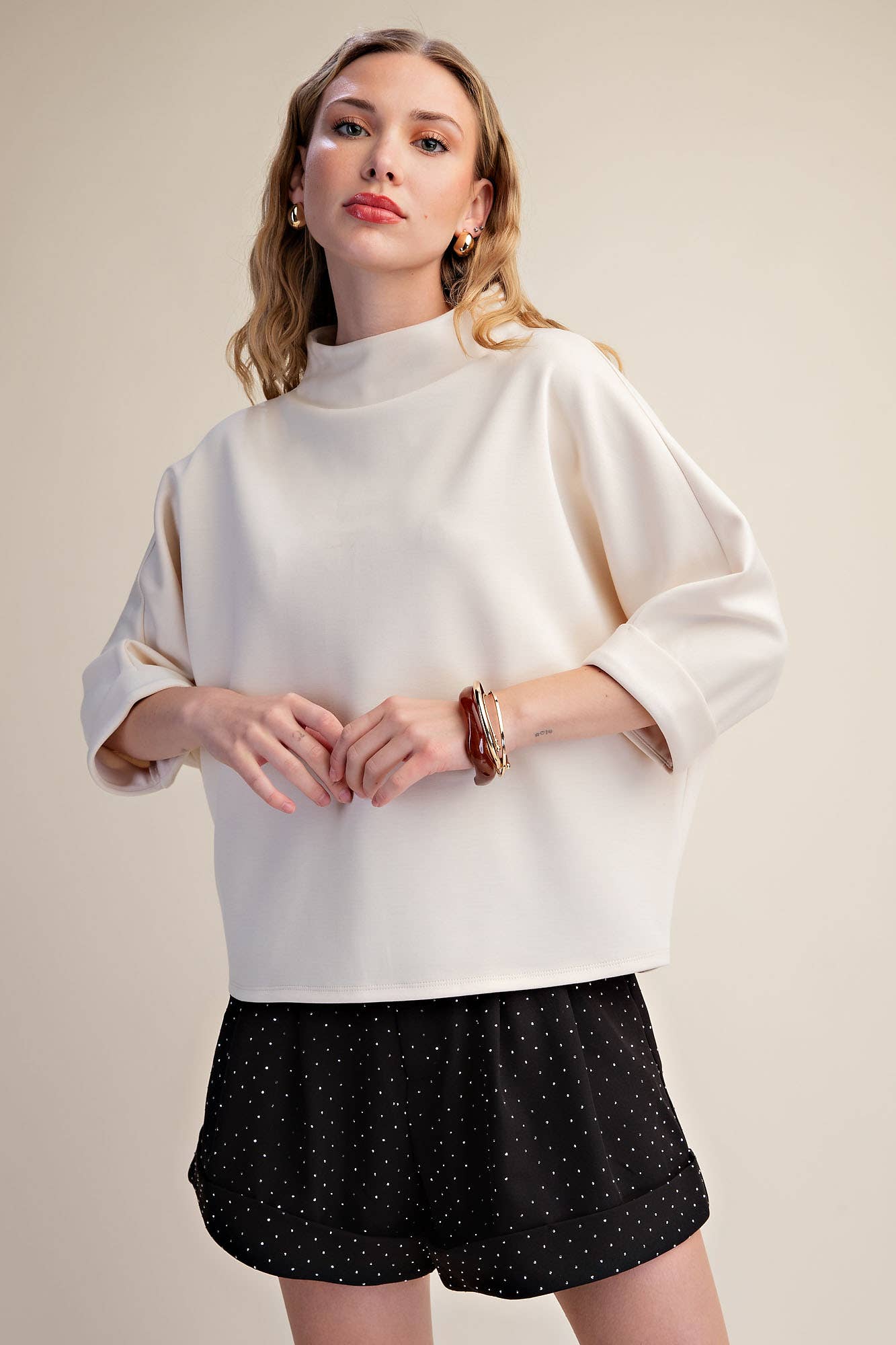 Mock-Neck 3/4 Sleeve Top: Ivory