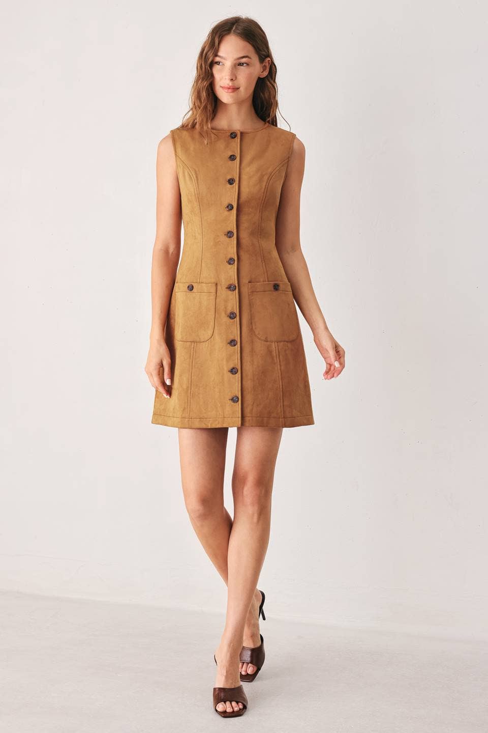 Faux Suede Mini Dress - Caramel