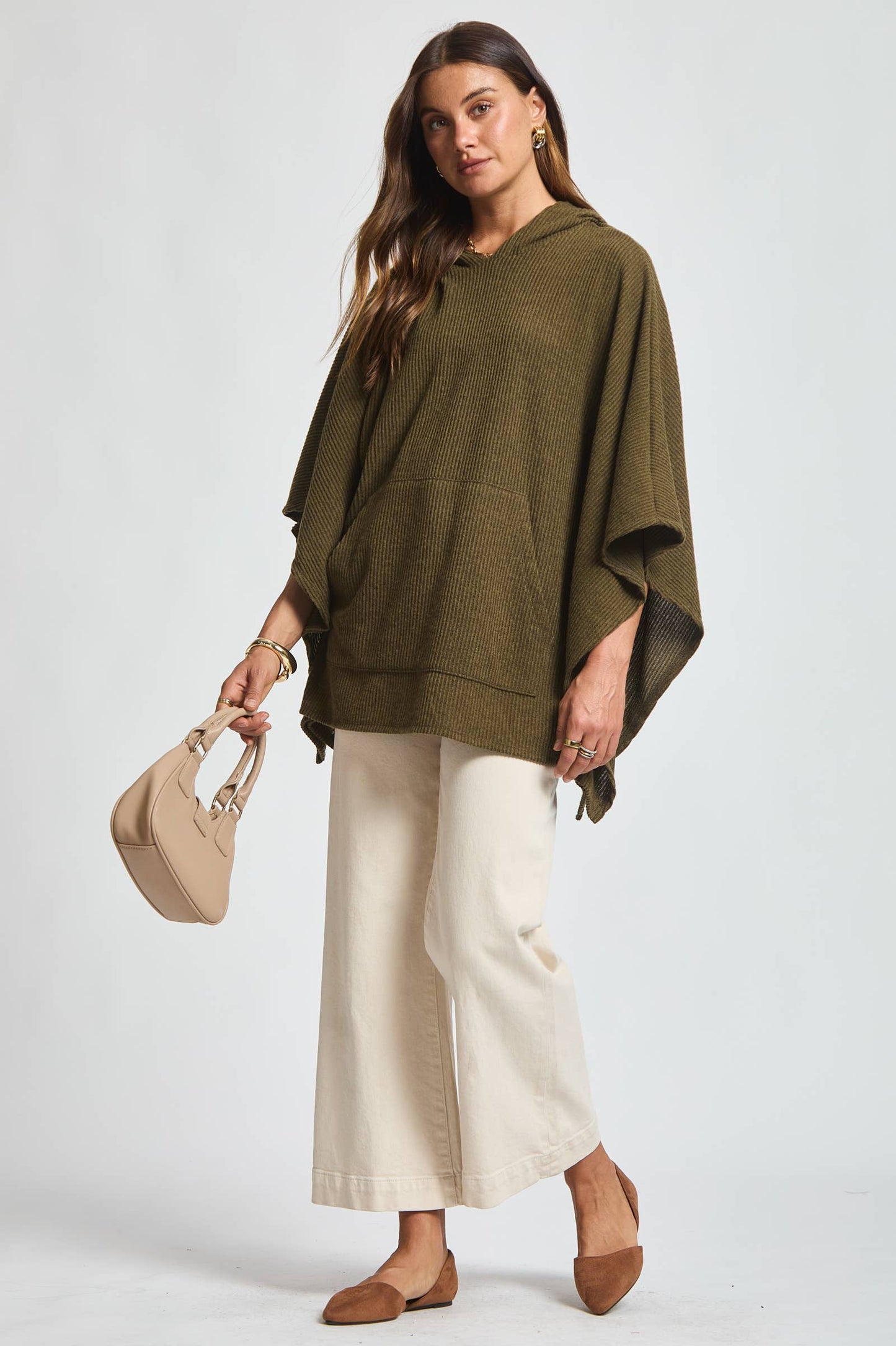 Ribbed Knit Poncho Top - Olive