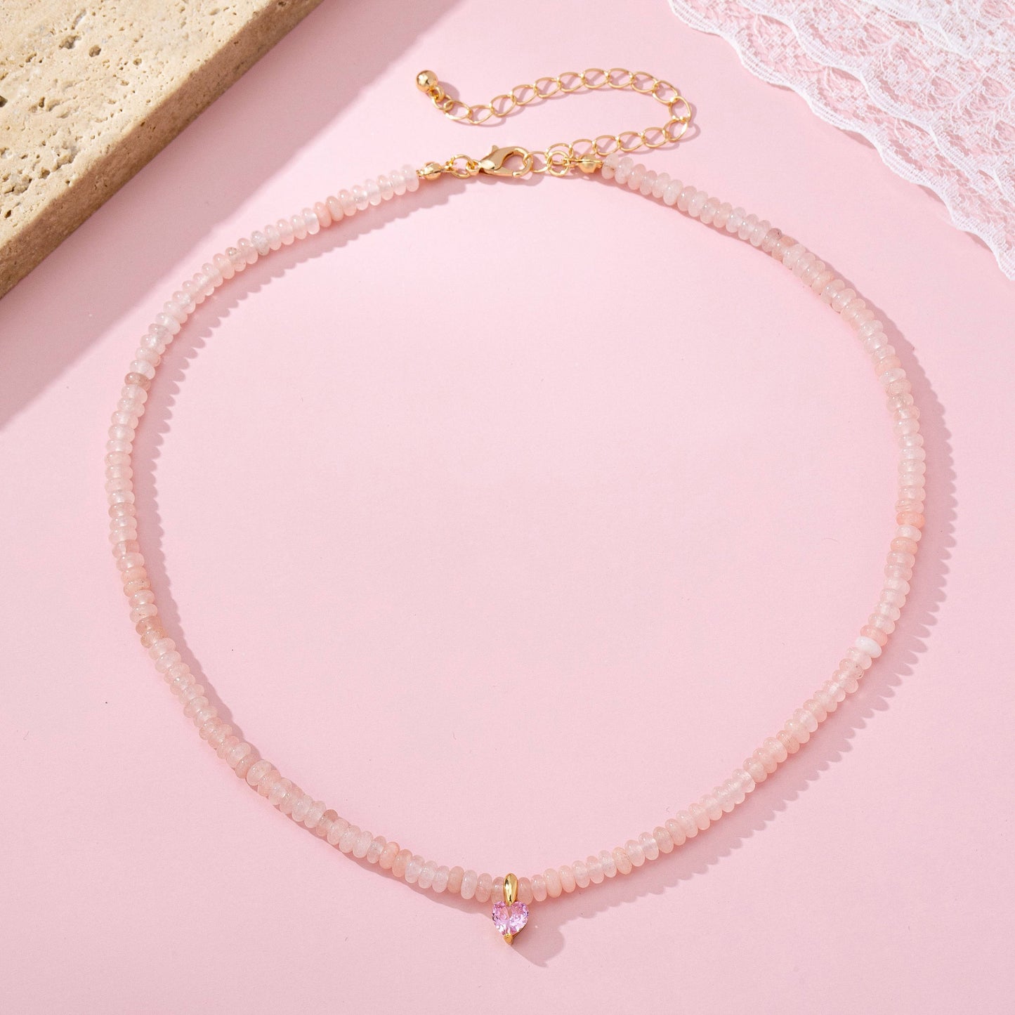 Stone Beaded Necklace - Rose